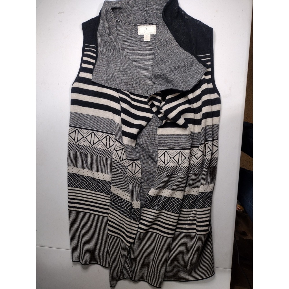 Ruby Moon Womens Black White Geometric Striped‎ Cotton Knit Open Front Vest L